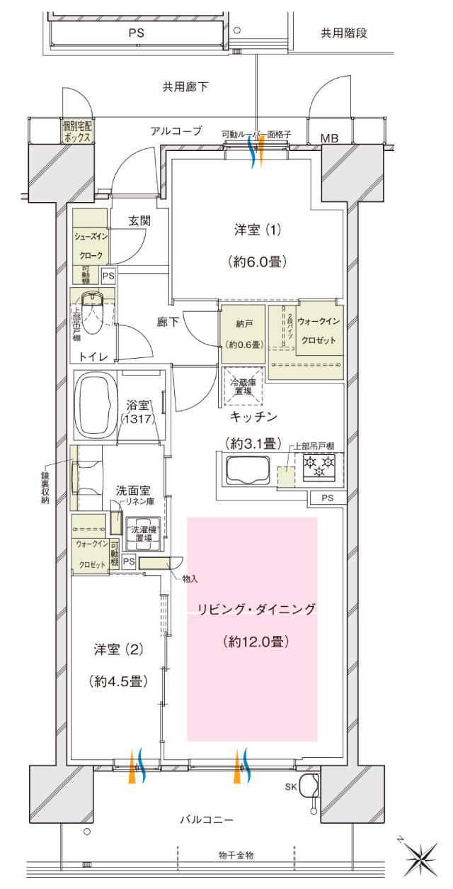 ブランズシティ東岸和田の間取り図　F：2LDK+2WIC+N+SIC