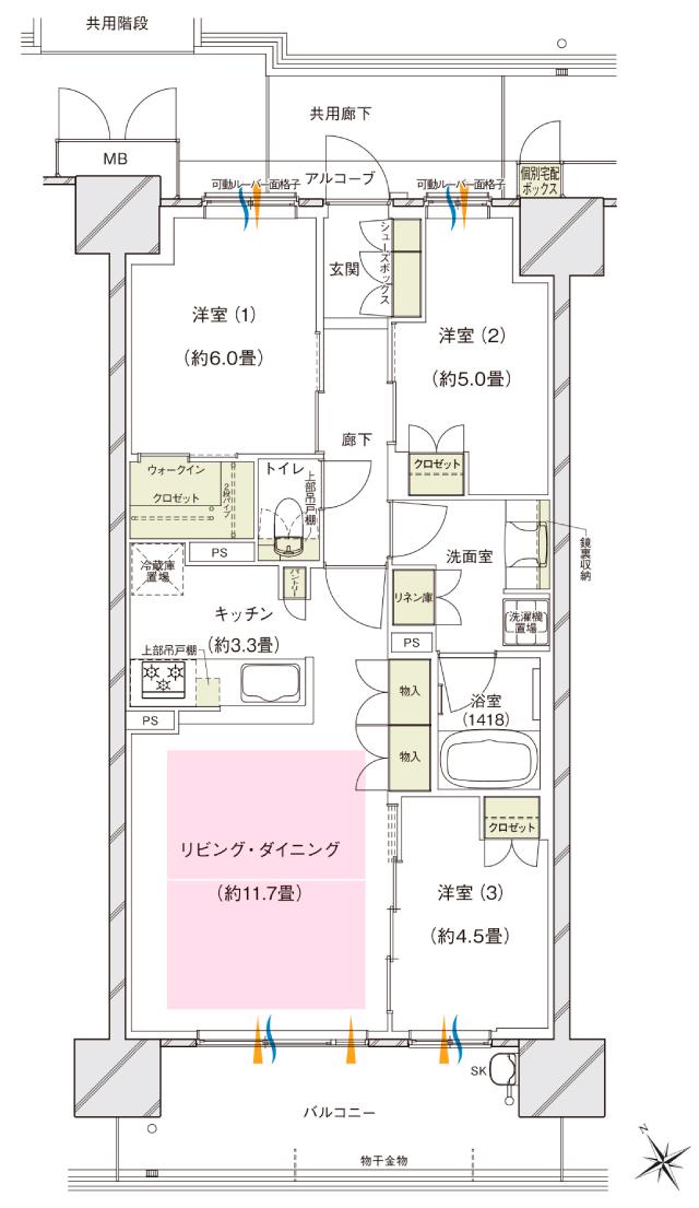 ブランズシティ東岸和田の間取り図　C：3LDK+WIC