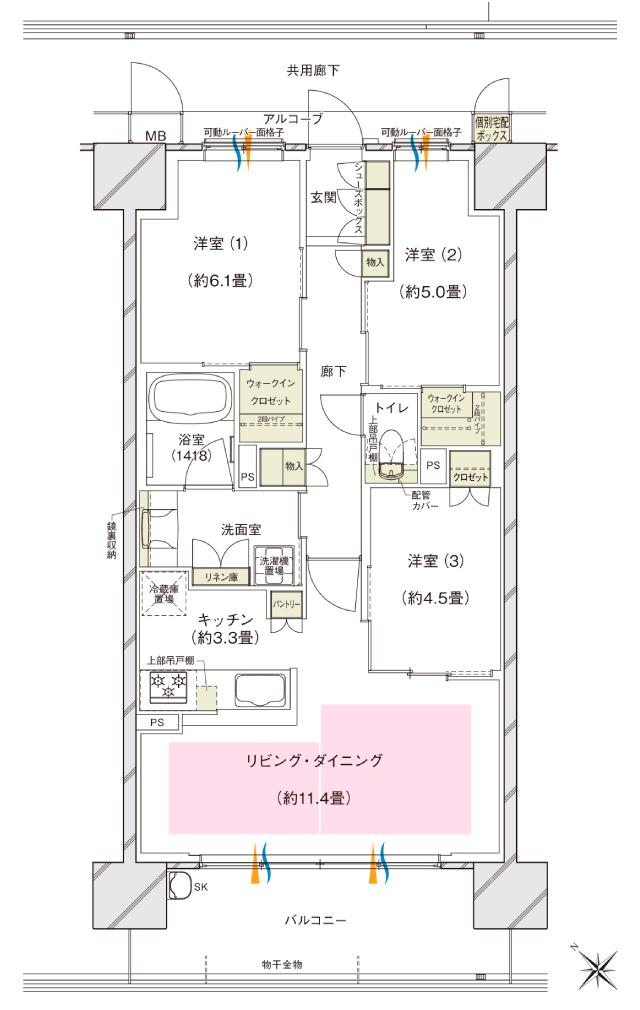 ブランズシティ東岸和田の間取り図　D：3LDK+2WIC