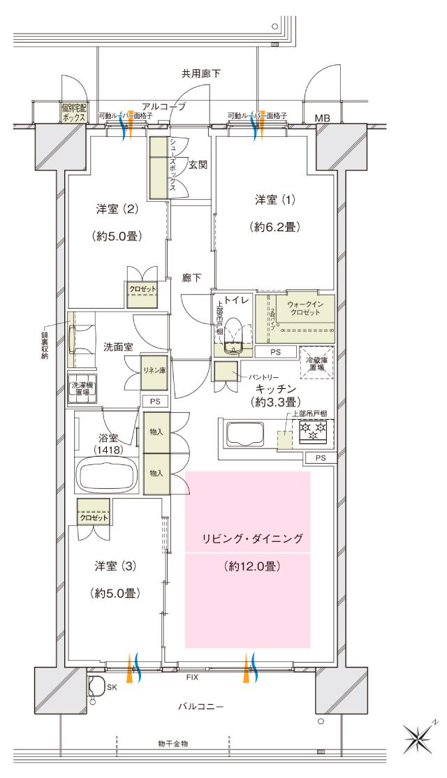 ブランズシティ東岸和田の間取り図　O：3LDK+WIC