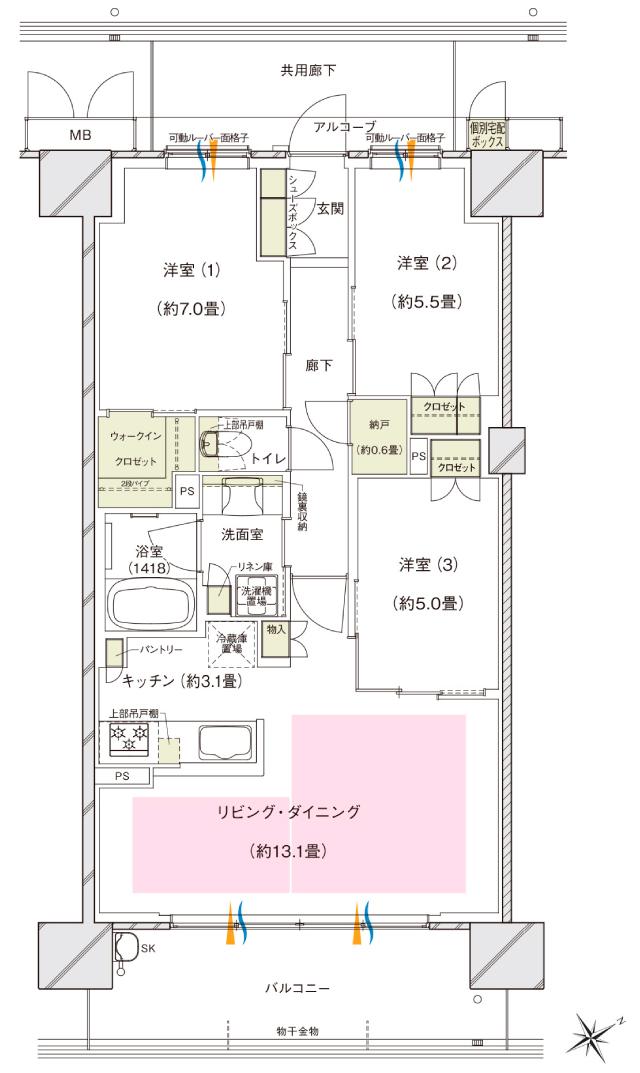 ブランズシティ東岸和田の間取り図　Q：3LDK+WIC+N