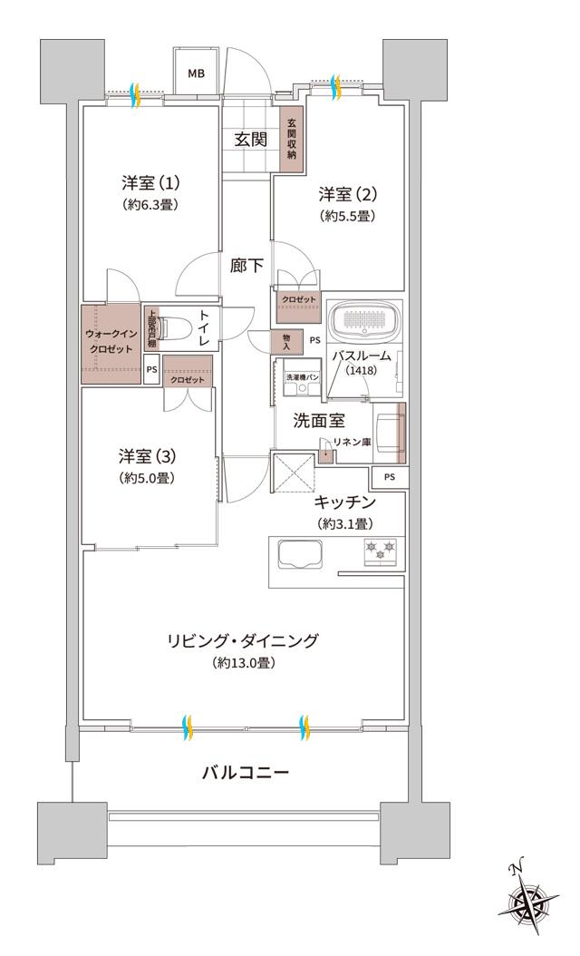 ザ・ライオンズ枚方光善寺タワーの間取り図　G：3LDK+WIC