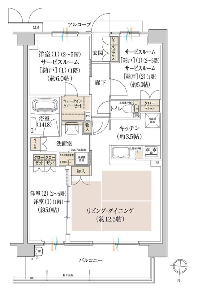 プレディア京都桂御所の間取り図　NB：2LDK+S+WIC／1LDK+2S+WIC