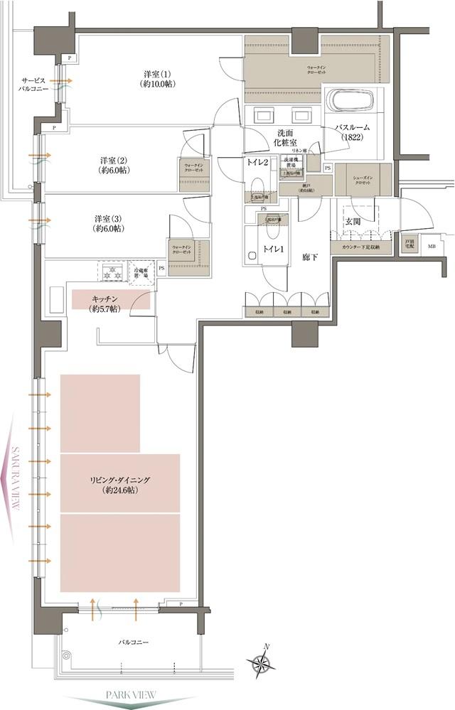 アトラス芦屋の間取り図　E：3LDK+N+3WIC+SIC