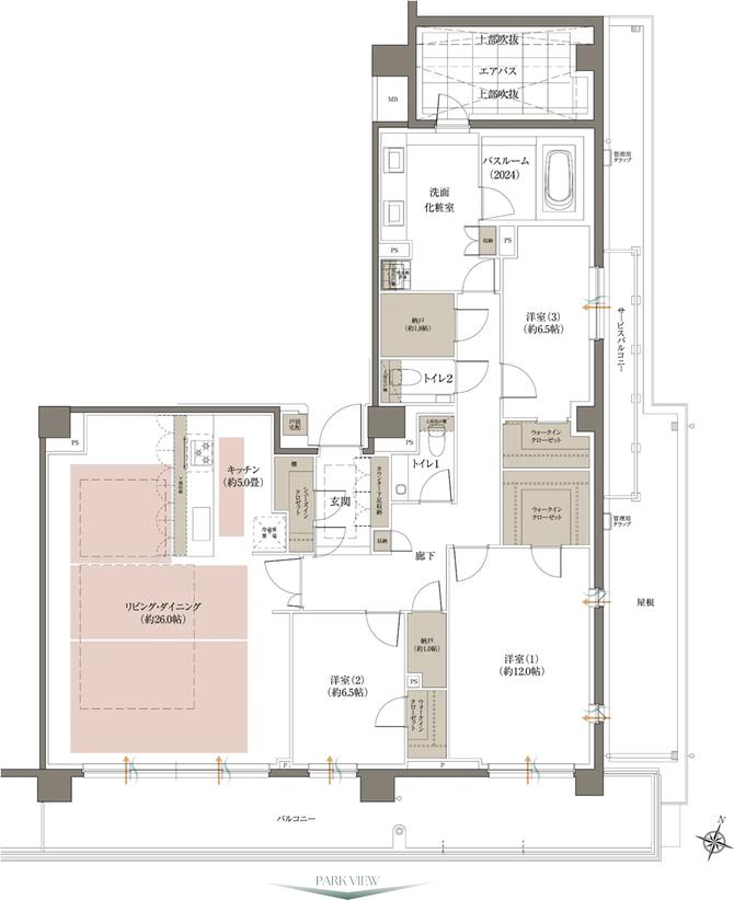 アトラス芦屋の間取り図　J：3LDK+2N+3WIC+SIC+AB
