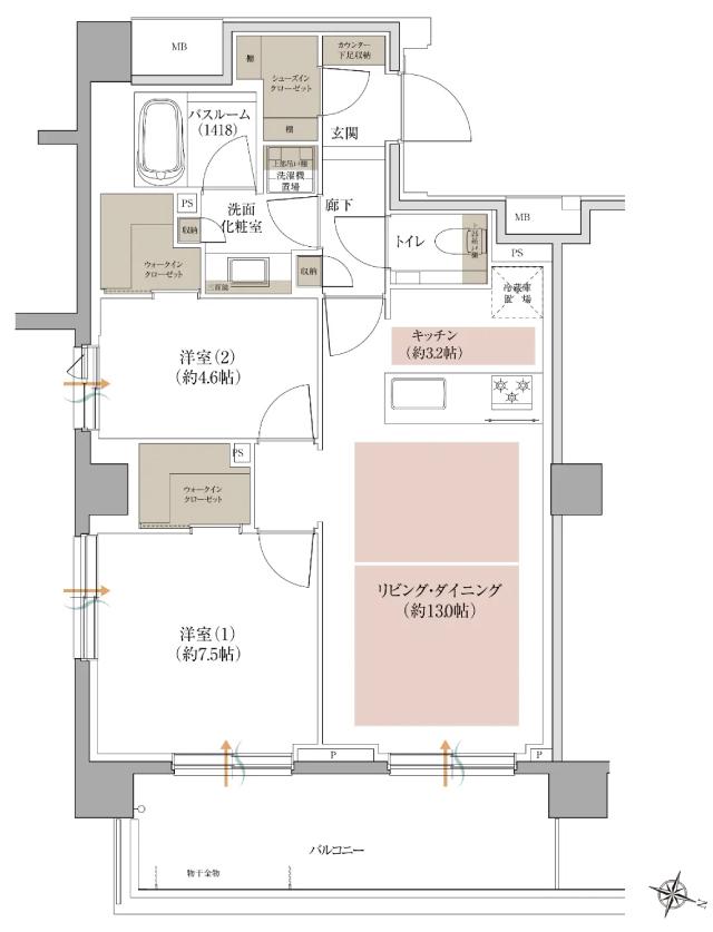 アトラス芦屋の間取り図　H2：2LDK+2WIC+SIC