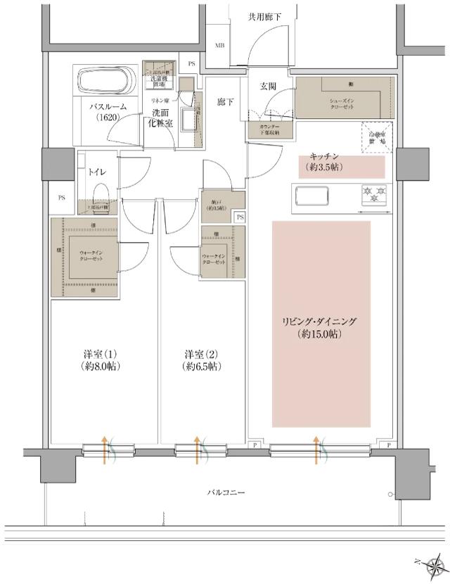 アトラス芦屋の間取り図　D：2LDK+N+2WIC+SIC