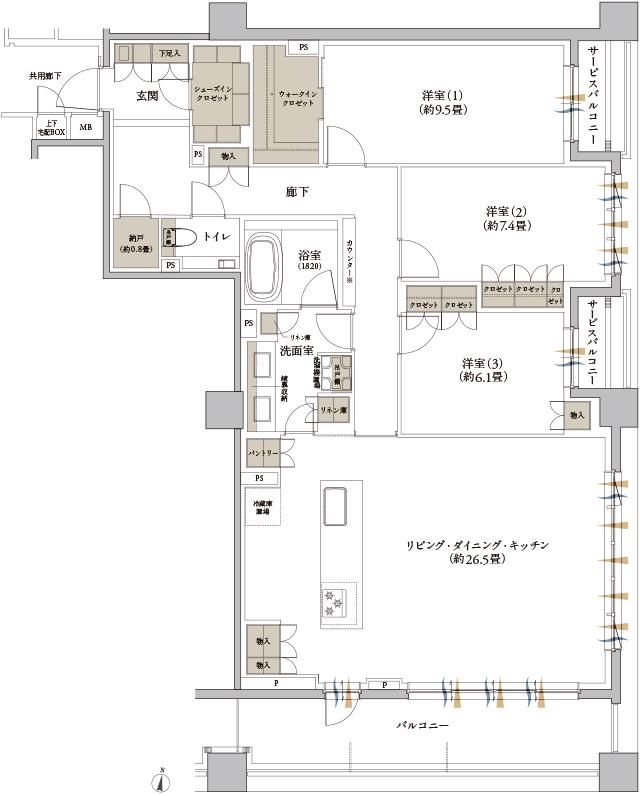Brillia(ブリリア) 夙川松園町の間取り図　C：3LDK+WIC+SIC+N