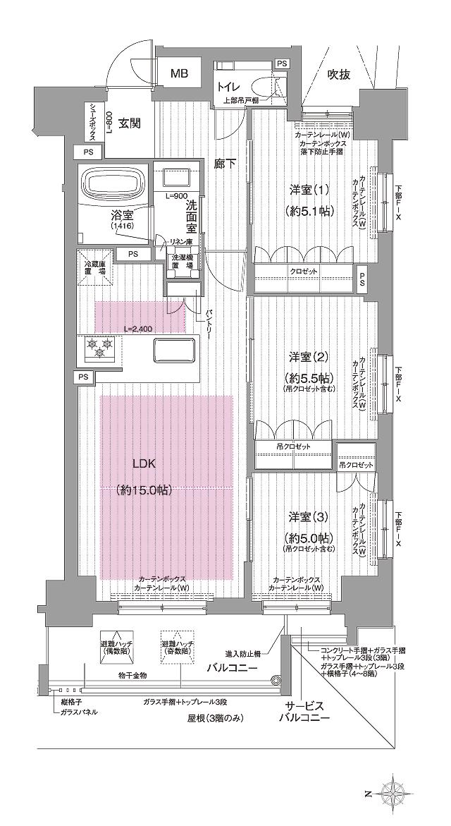 イーグルコート京都烏丸御池の間取り図　B：3LDK
