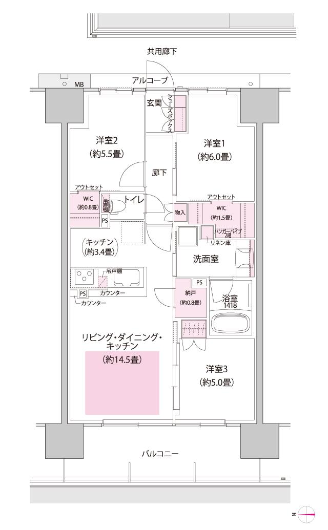 ヴェリテ金剛ルネ クロスサイトの間取り図　B：3LDK+2WIC+N