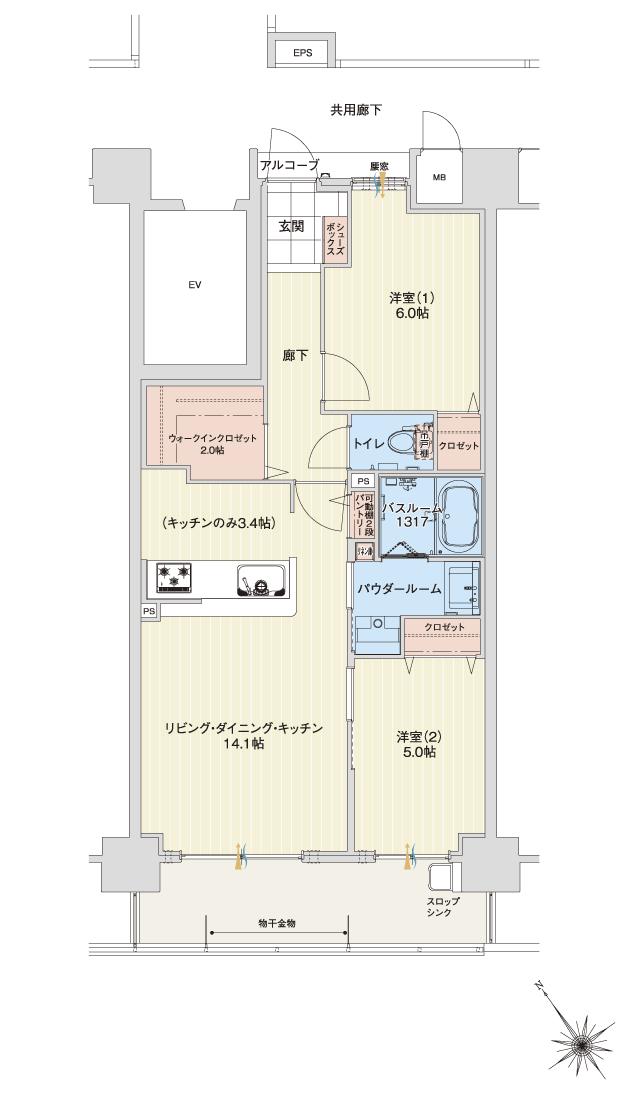 アルファスマート明石東野町 人丸ヒルズの間取り図　B：2LDK+ウォークインクロゼット