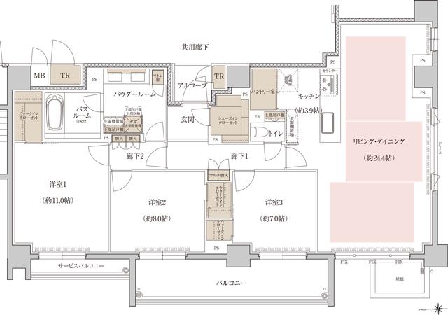 プレミスト京都 二条城北の間取り図　R：3LDK+3WIC+P+SIC