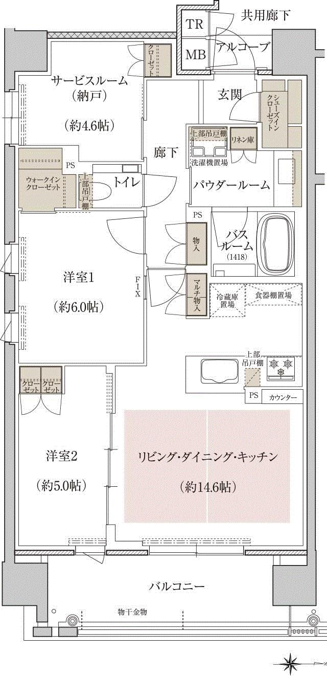 プレミスト京都 二条城北の間取り図　L：2LDK+S+WIC+SIC