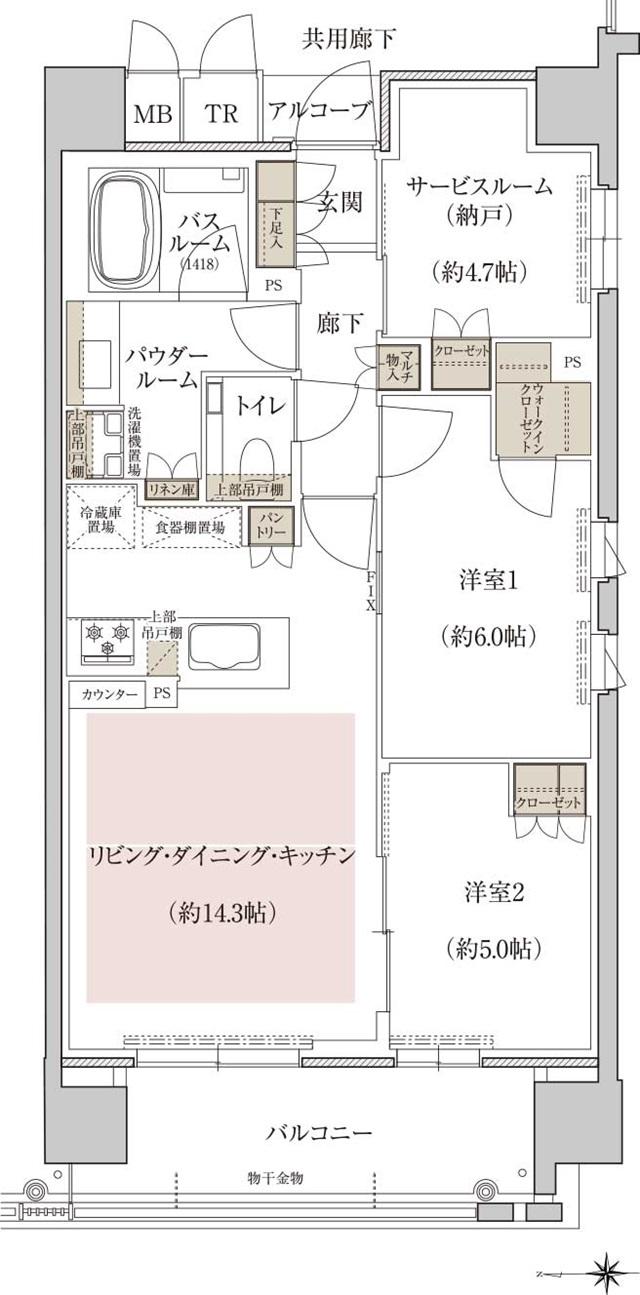 プレミスト京都 二条城北の間取り図　O：2LDK＋S＋WIC