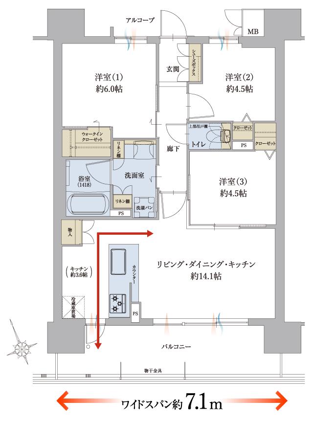 グランドパレス和泉府中駅前の間取り図　D：3LDK+WIC