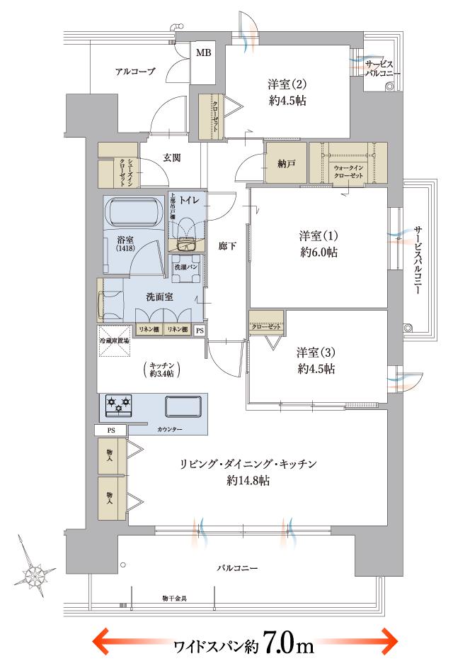 グランドパレス和泉府中駅前の間取り図　E：3LDK+SIC+WIC+N
