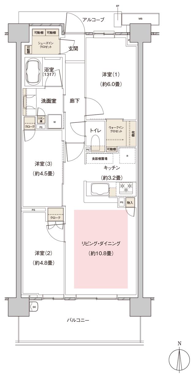パークホームズ伊丹稲野ガーデンスクエア ステーションゲートの間取り図　66Ab：3LDK+WIC+SIC