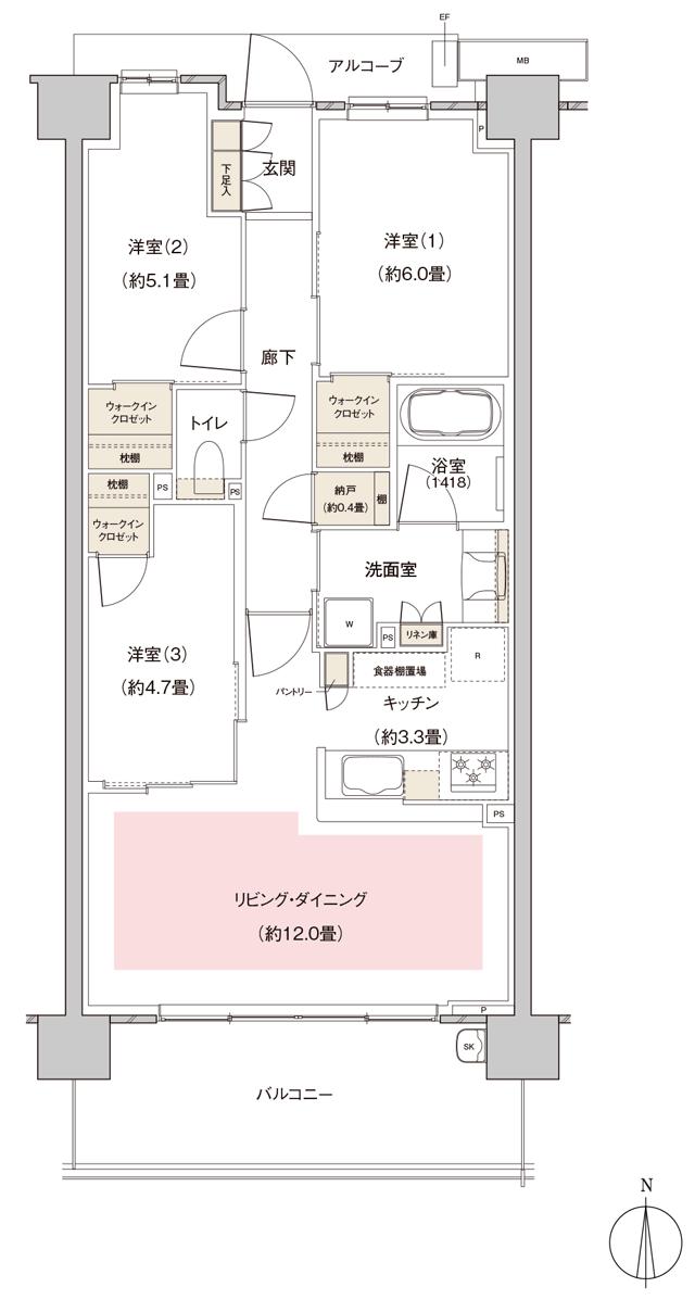 パークホームズ伊丹稲野ガーデンスクエア ステーションゲートの間取り図　71Ab：3LDK+3WIC+N