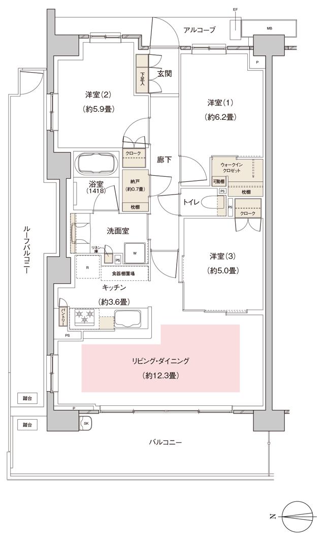 パークホームズ伊丹稲野ガーデンスクエア ステーションゲートの間取り図　74Aar：3LDK+WIC+N