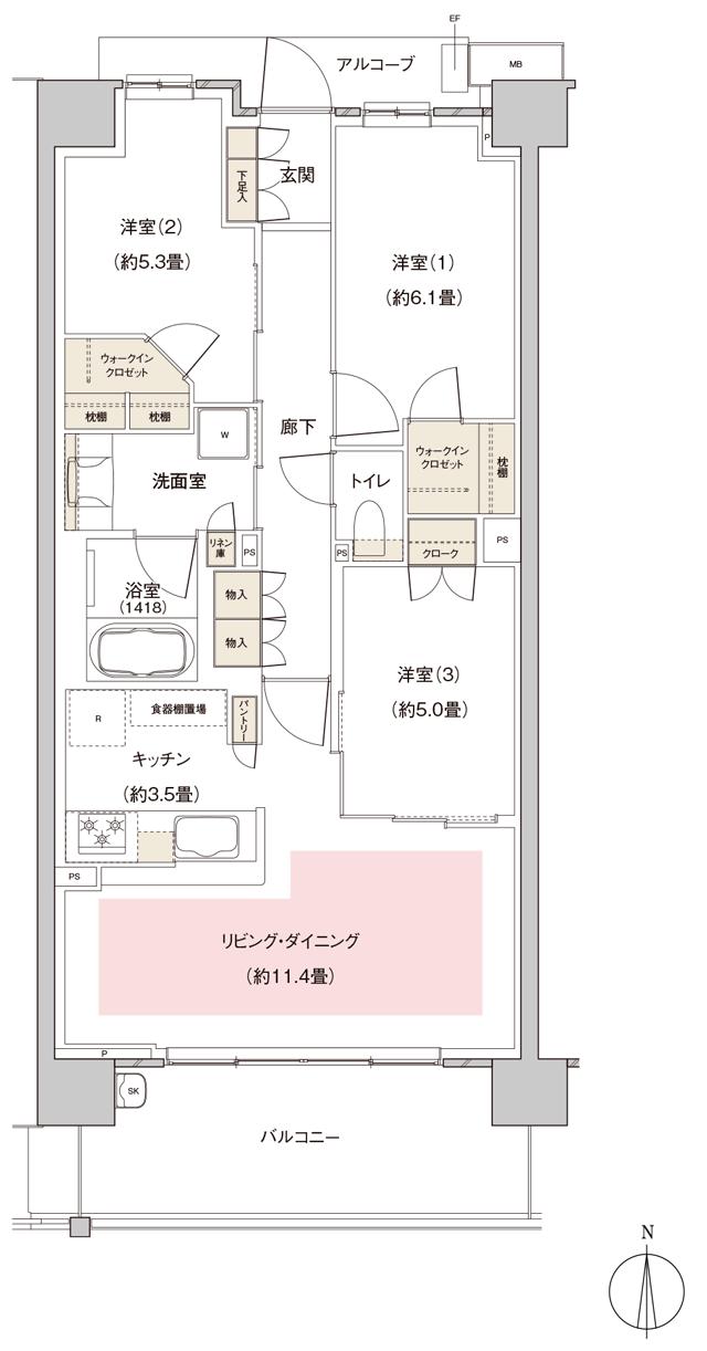 パークホームズ伊丹稲野ガーデンスクエア ステーションゲートの間取り図　74Ac：3LDK+2WIC