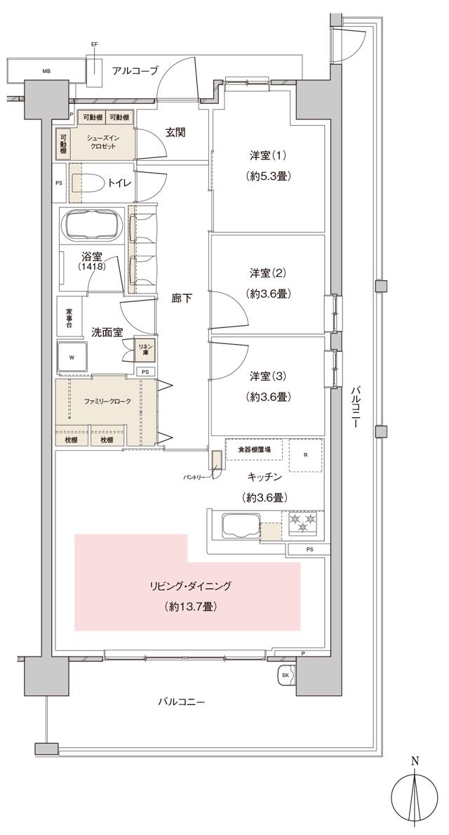 パークホームズ伊丹稲野ガーデンスクエア ステーションゲートの間取り図　75Ac：3LDK+SIC