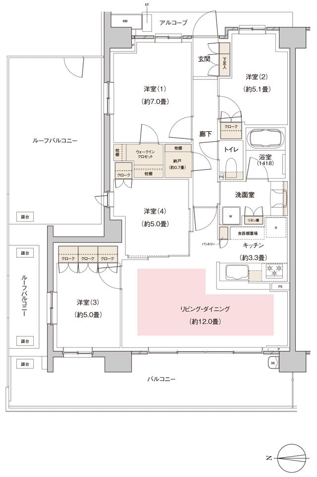 パークホームズ伊丹稲野ガーデンスクエア ステーションゲートの間取り図　82Aar：4LDK+WIC+N