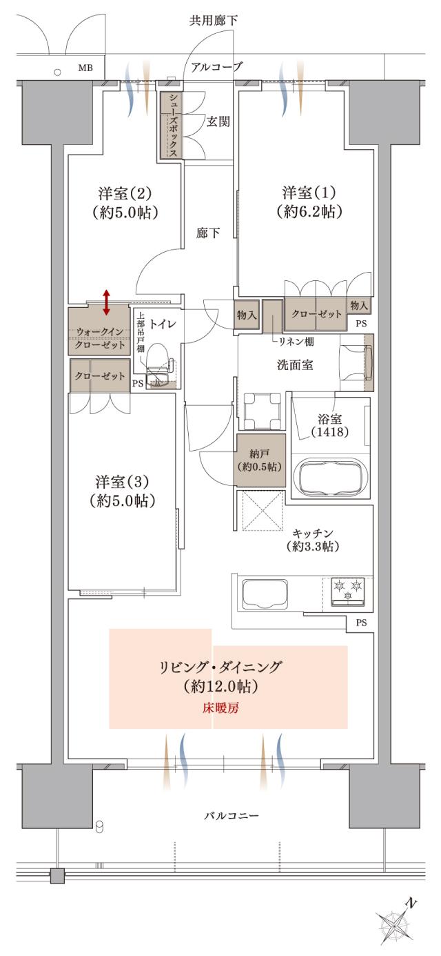 プラネスーペリア グラン大津瀬田の間取り図　F1：3LDK+WIC+N