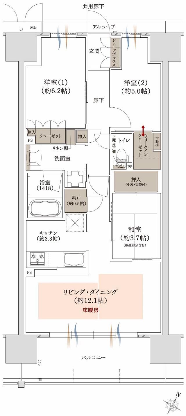 プラネスーペリア グラン大津瀬田の間取り図　F2メニュー3：3LDK+WIC+N