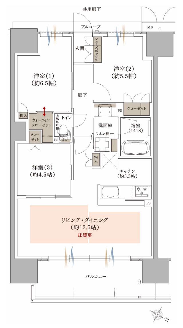 プラネスーペリア グラン大津瀬田の間取り図　N：3LDK+WIC
