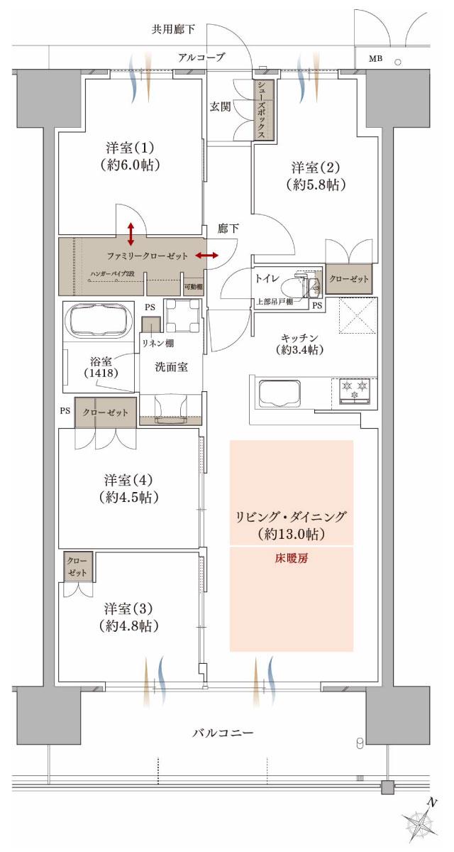 プラネスーペリア グラン大津瀬田の間取り図　J：4LDK+FC