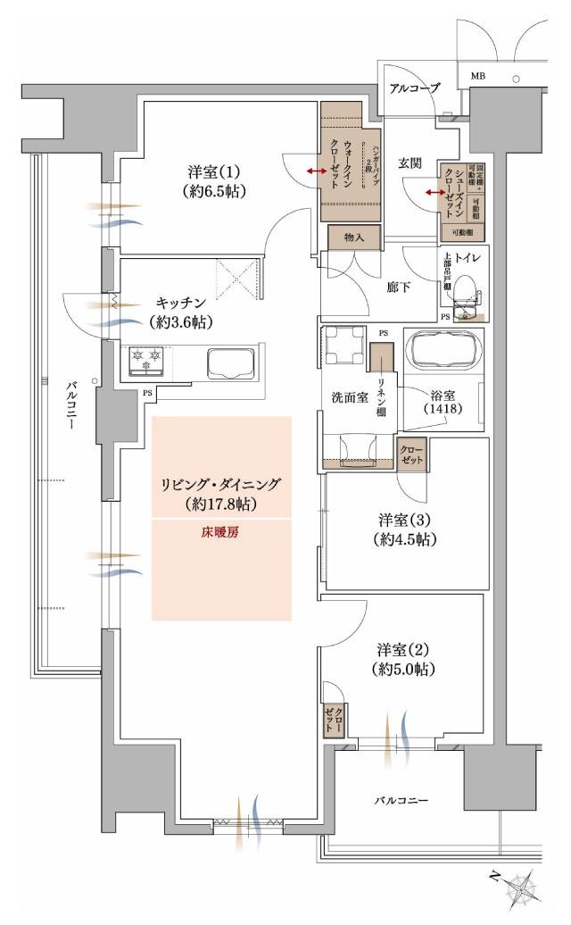 プラネスーペリア グラン大津瀬田の間取り図　Aメニュー1：3LDK+WIC+SIC