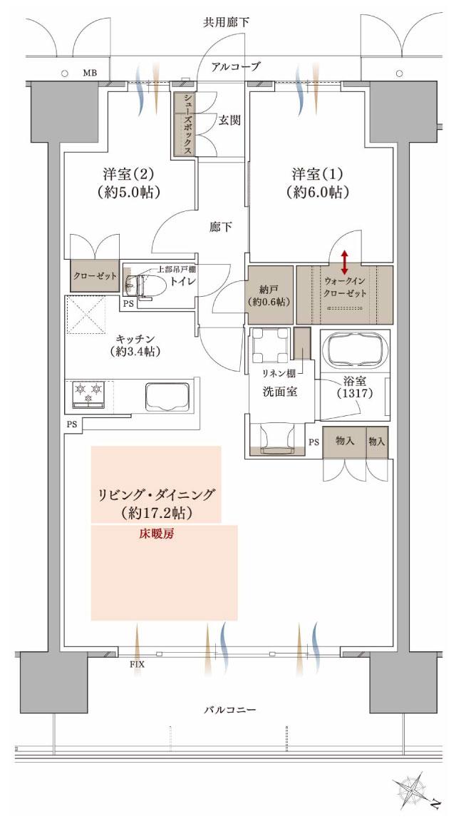 プラネスーペリア グラン大津瀬田の間取り図　Oメニュー1：2LDK+WIC+N