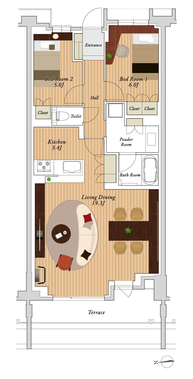 J.GRAN THE HONOR 下鴨糺の杜の間取り図　105：2LDK
