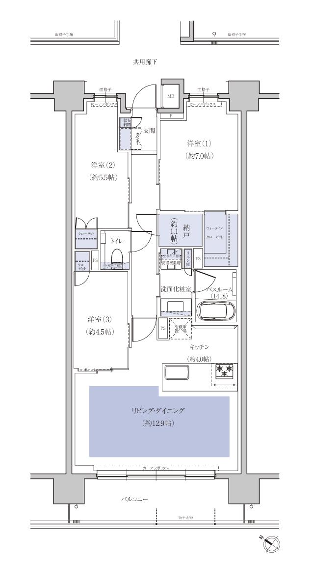 アトラス六甲の間取り図　WD：3LDK+N+WIC