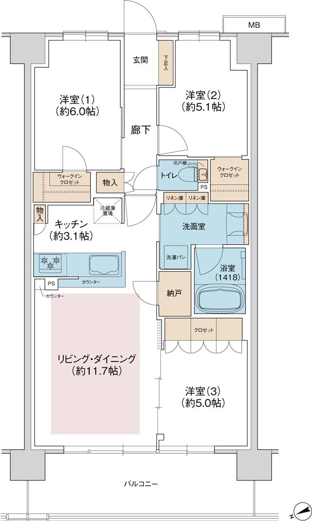 ジェイグラン羽衣の間取り図　C：3LDK+2WIC+N