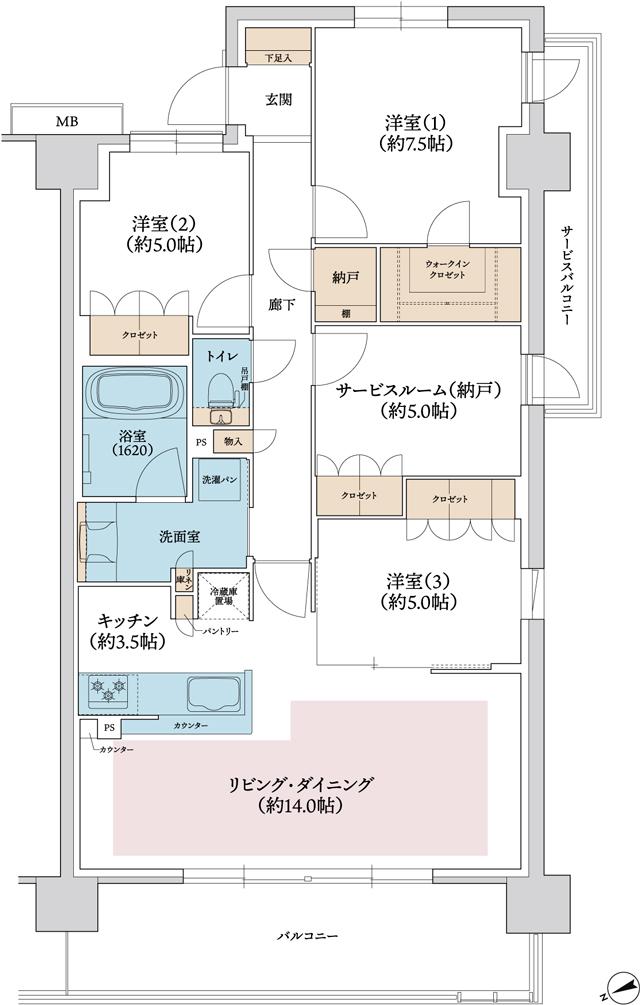 ジェイグラン羽衣の間取り図　H：3LDK+S+WIC+N