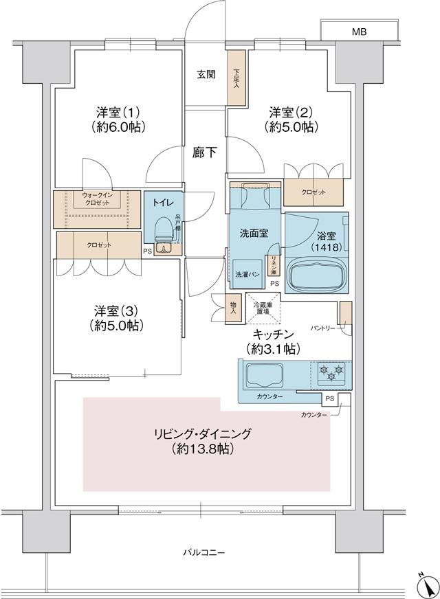 ジェイグラン羽衣の間取り図　M：3LDK+WIC