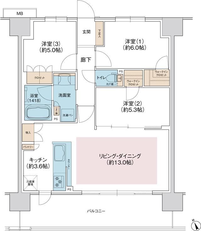 ジェイグラン羽衣の間取り図　P：3LDK+2WIC