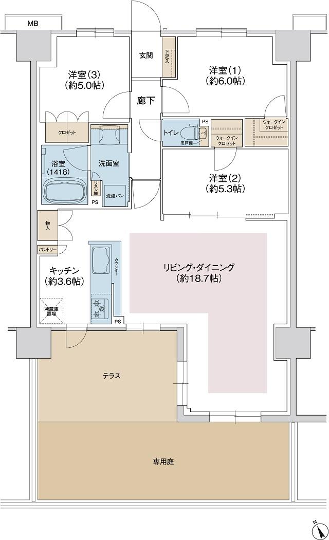 ジェイグラン羽衣の間取り図　Pg：3LDK+2WIC