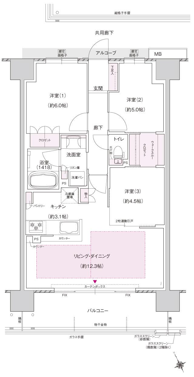 ジェイグラン羽衣の間取り図　K：3LDK+WTC