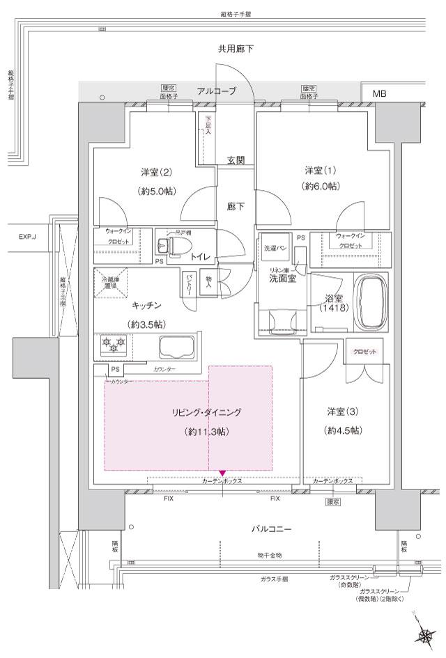ジェイグラン羽衣の間取り図　O：3LDK+2WIC