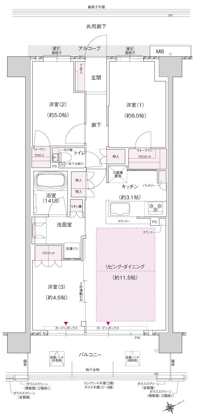ジェイグラン羽衣の間取り図　U：3LDK+2WIC
