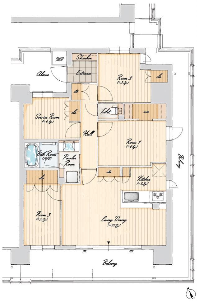 ジェイグラン羽衣の間取り図　S：3LDK+S+WIC