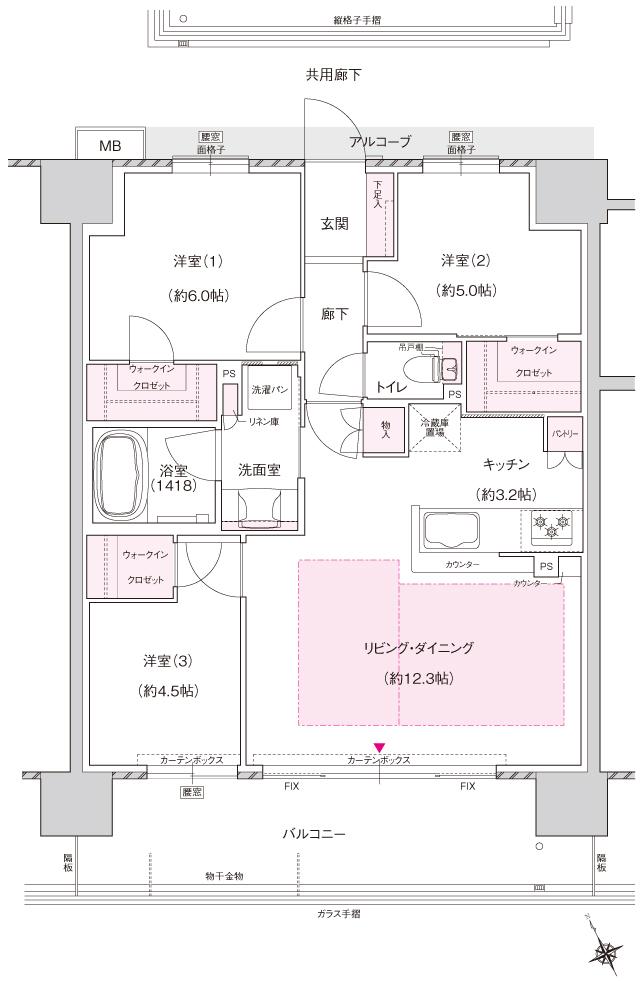 ジェイグラン羽衣の間取り図　Q：3LDK+3WIC