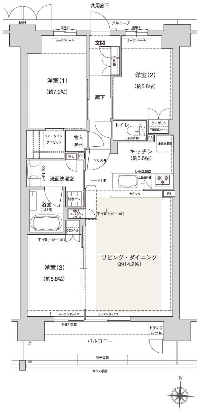 ジオ川西多田 ブライトサイトの間取り図　D：3LDK