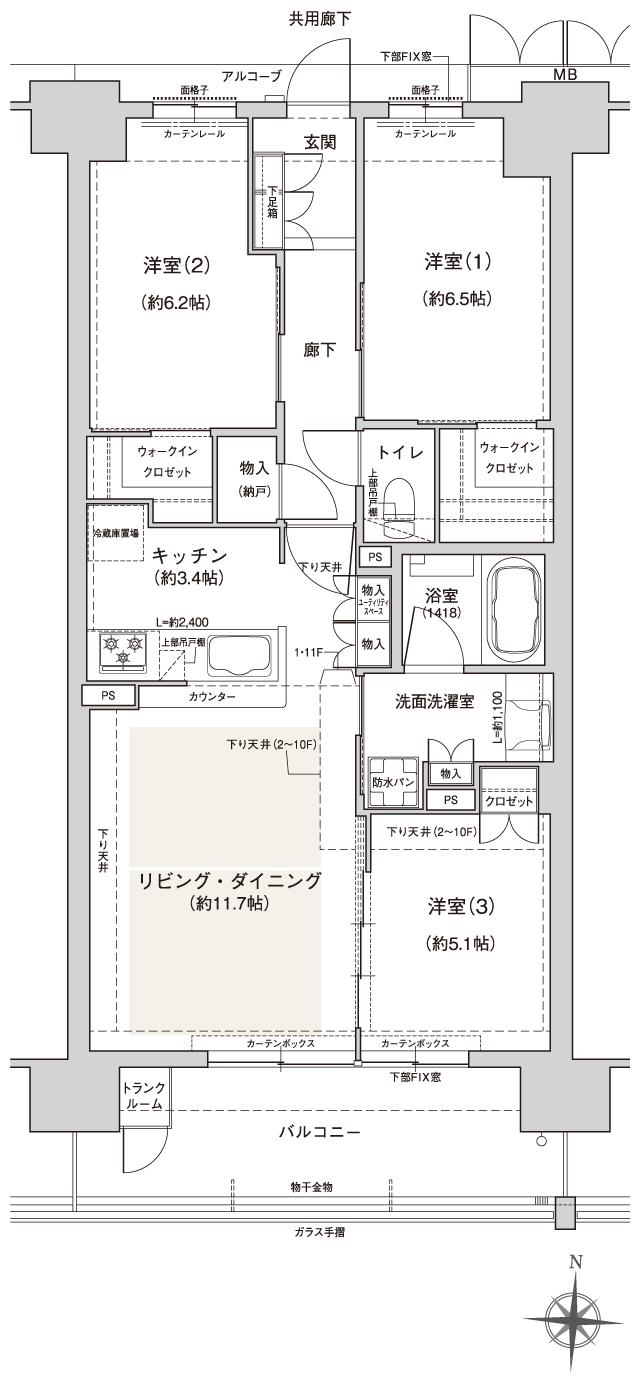 ジオ川西多田 ブライトサイトの間取り図　E2：3LDK