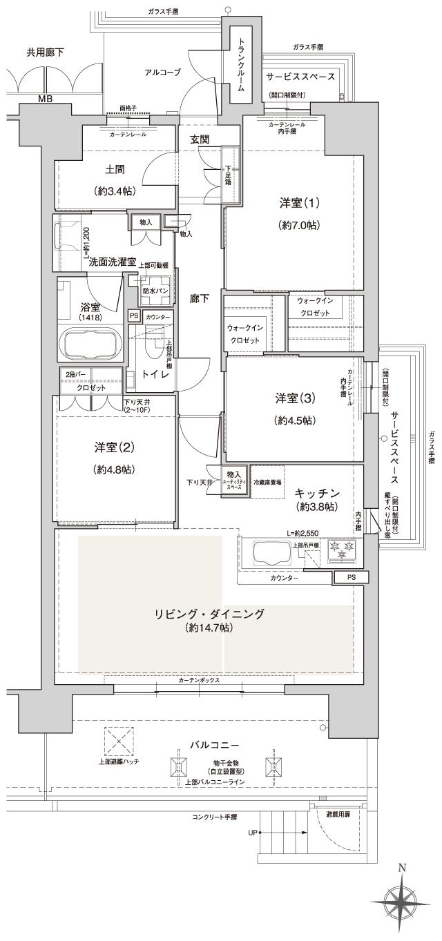 ジオ川西多田 ブライトサイトの間取り図　Hg：3LDK+土間