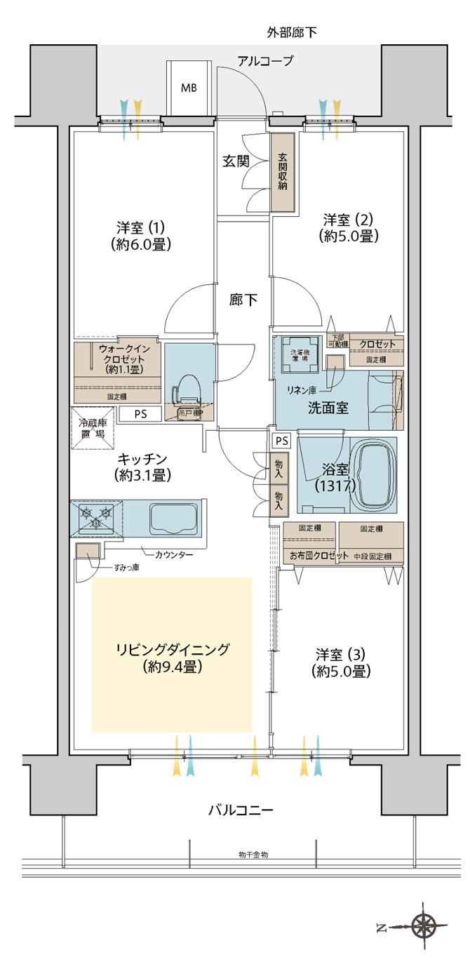 デュオヒルズ水賀池公園ヴェリテの間取り図　C：3LDK+WIC