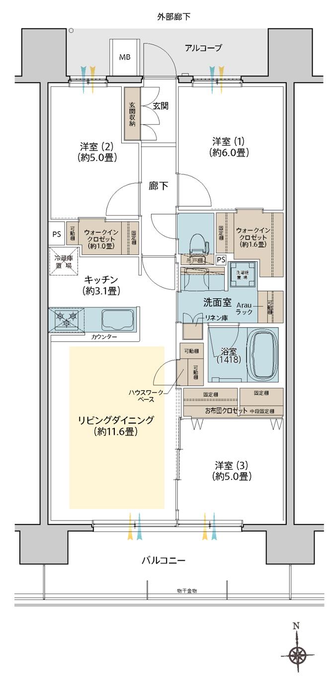 デュオヒルズ水賀池公園ヴェリテの間取り図　L：3LDK+2WIC