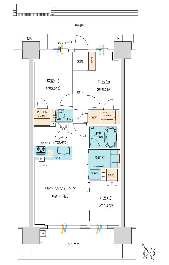 ジェイグラン シティ 西明石 タワー ウエストの間取り図　C1：3LDK+2WIC+N